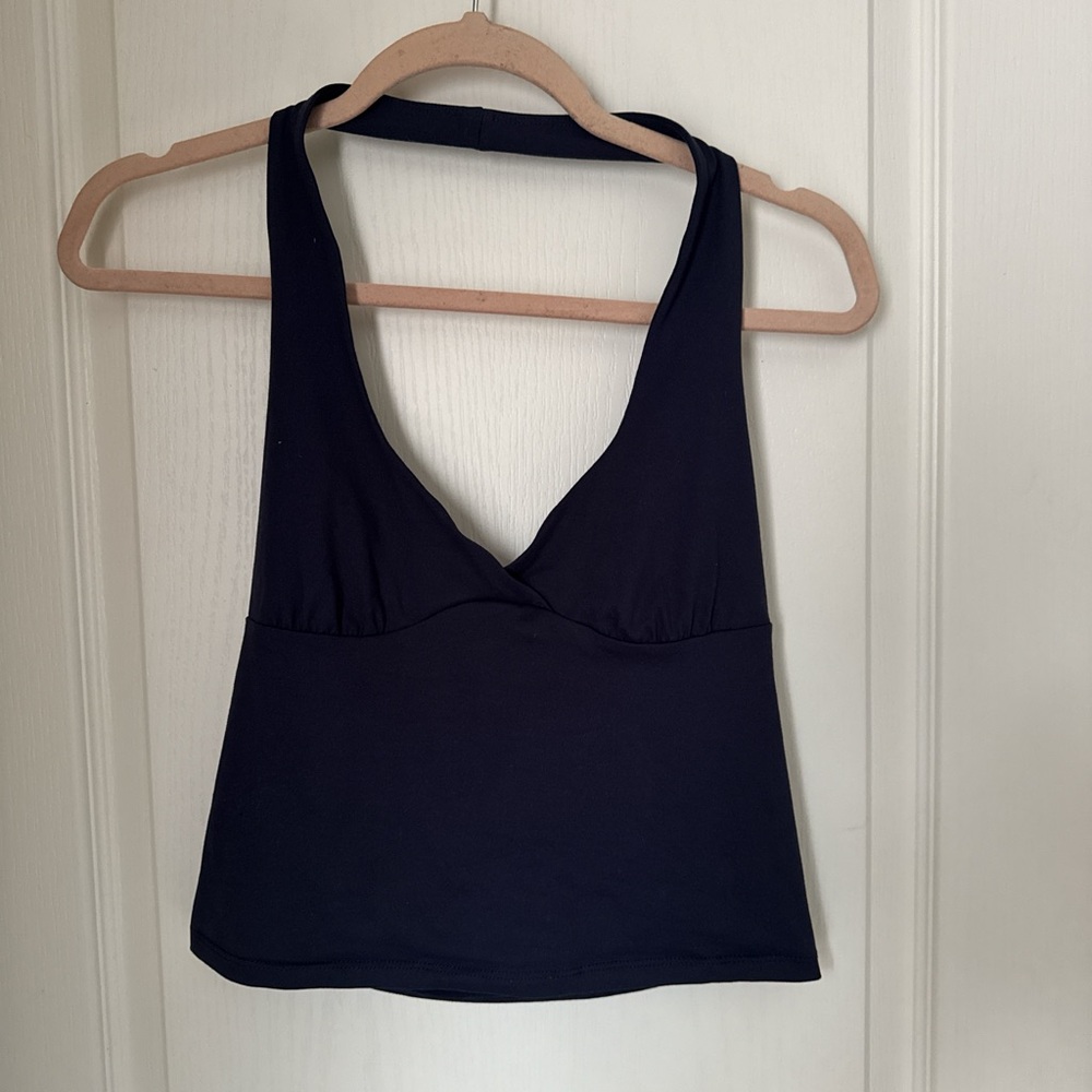 dark blue v-neck halter top